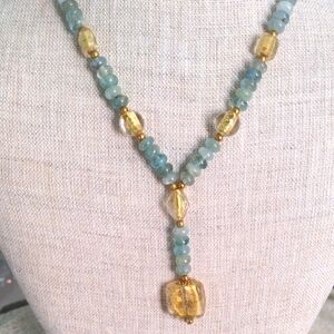 New Blue Aquamarine & Gold Art Glass Y necklace. Genuine Gems, 18"+3"  Boxed